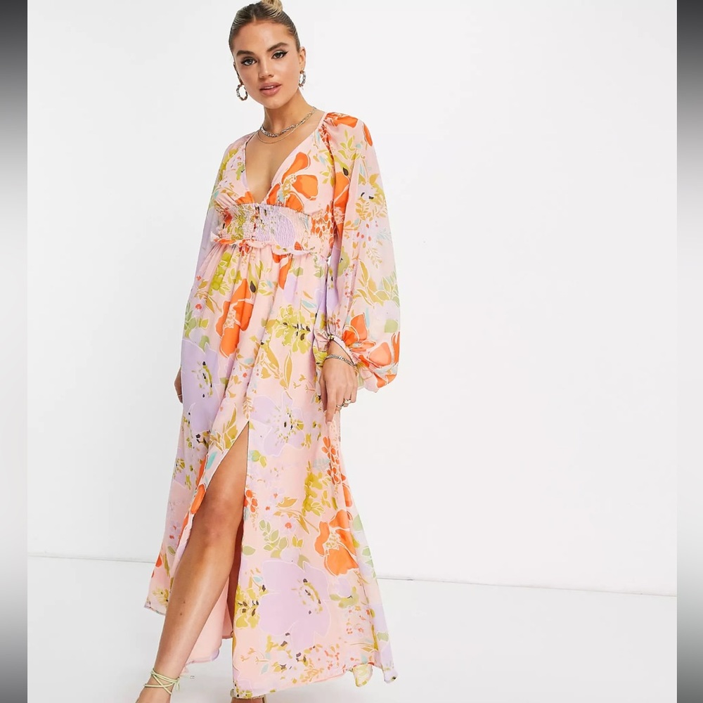 ASOS DESIGN soft shirred waist open back maxi dress in bright floral print